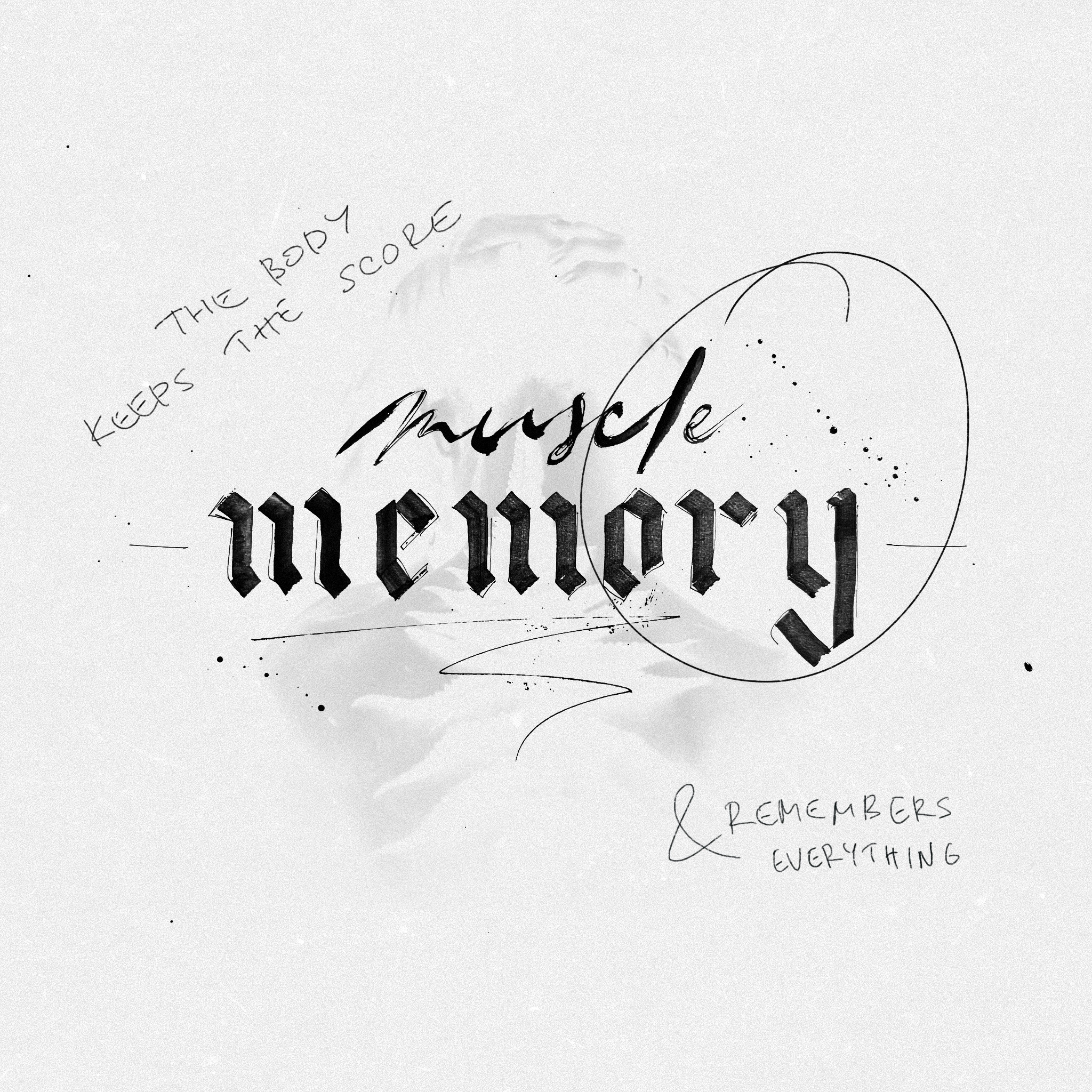 Black and white calligraphy reading muscle memory with gothic and script letterforms, ink splatters, and a faint silhouette