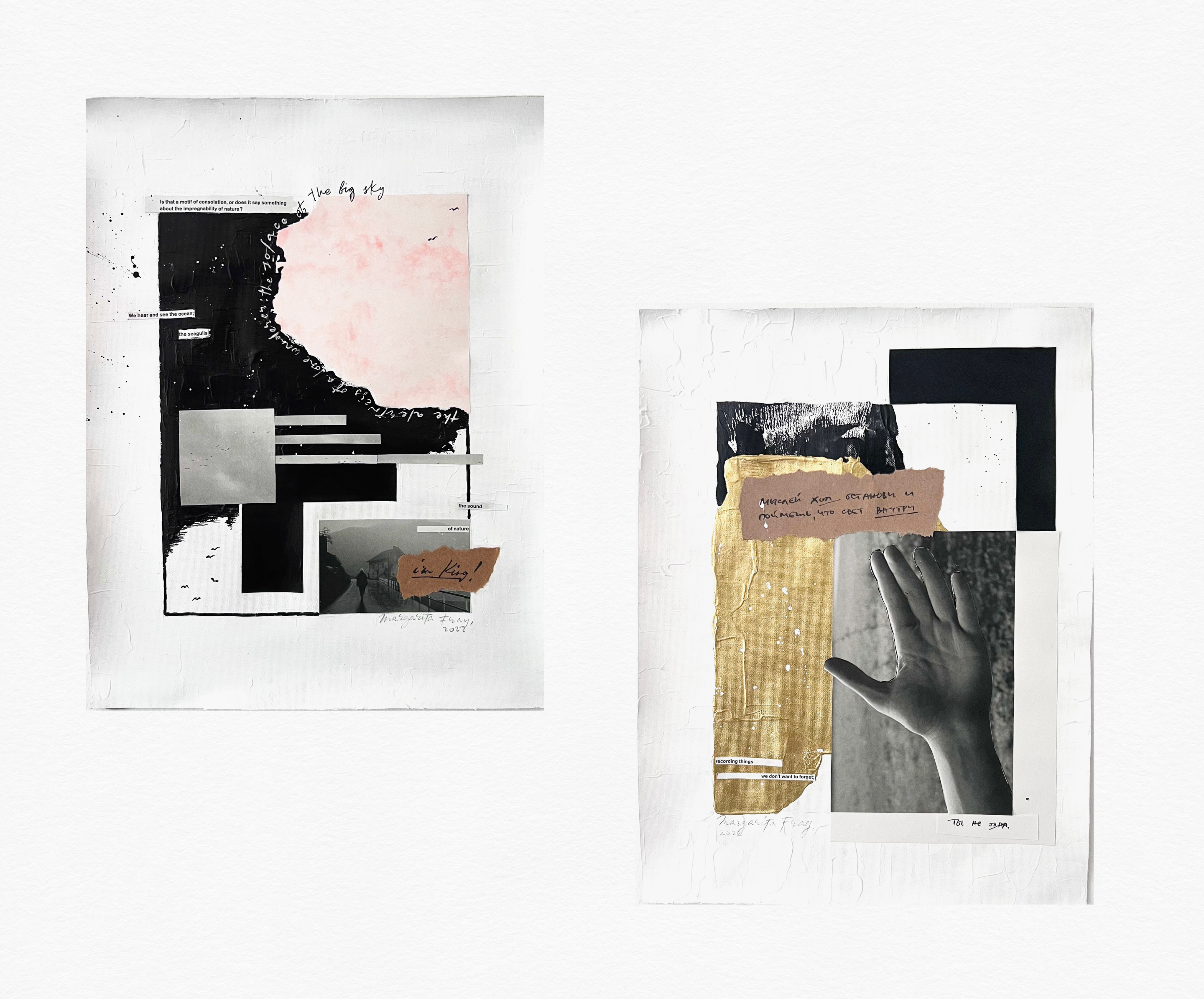 Mixed-media collage with black and pink paint, silver shapes, a foggy landscape photo, and typed poetic text by Margarita Fray, 2022