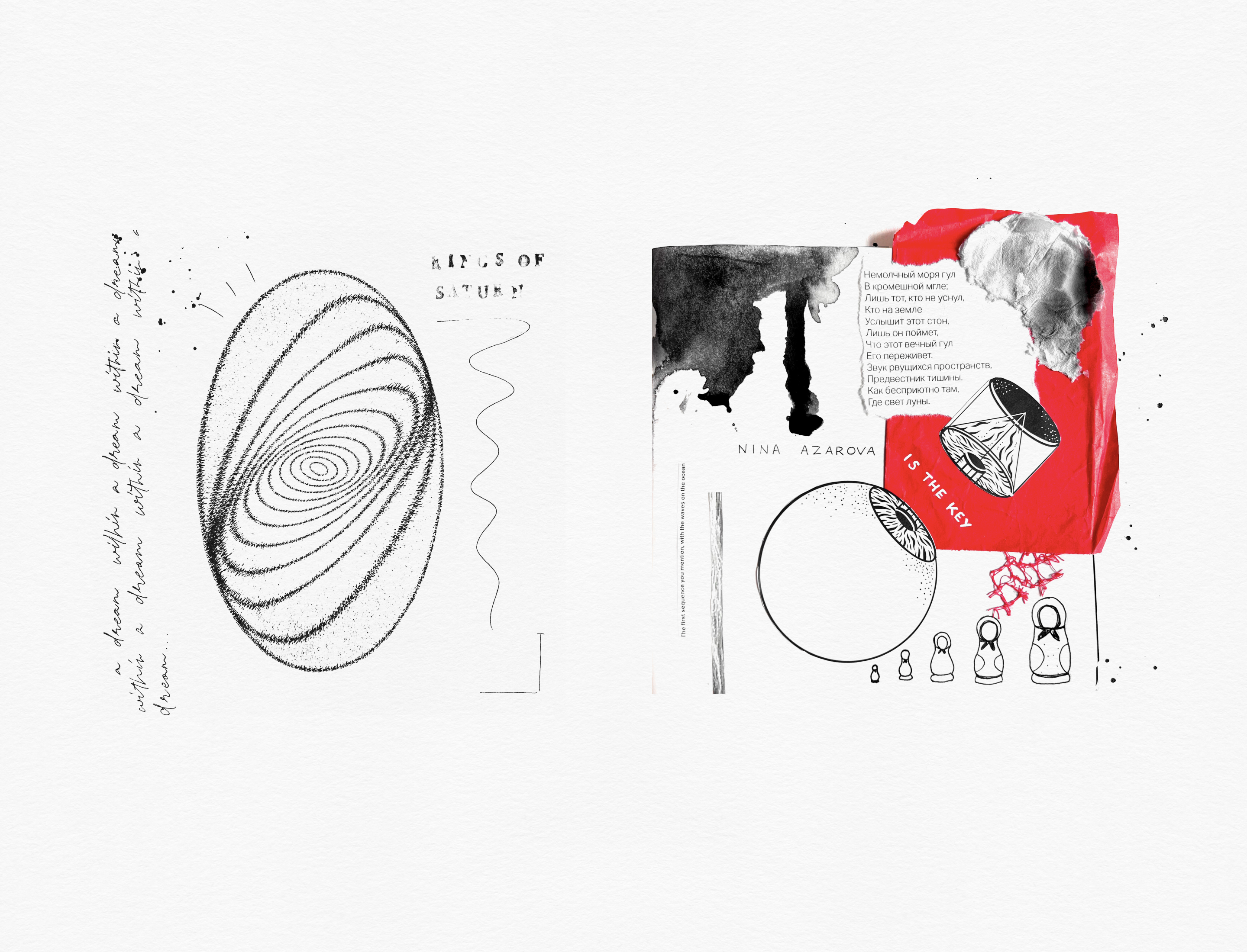 Surreal collage with stippled rings, Matryoshka dolls, an eyeball drawing, and RINGS OF SATURN typography