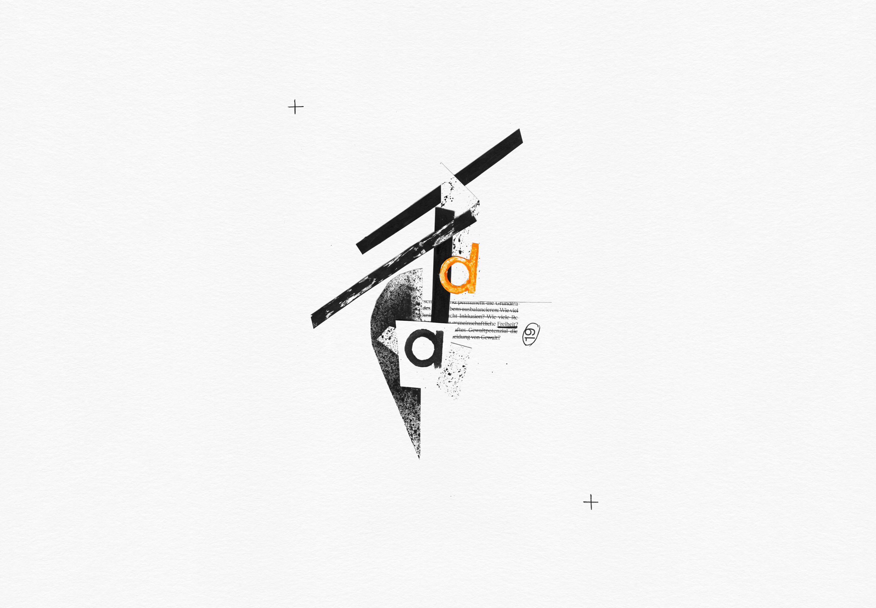 Mixed-media collage with bold black geometric shapes and typographic elements