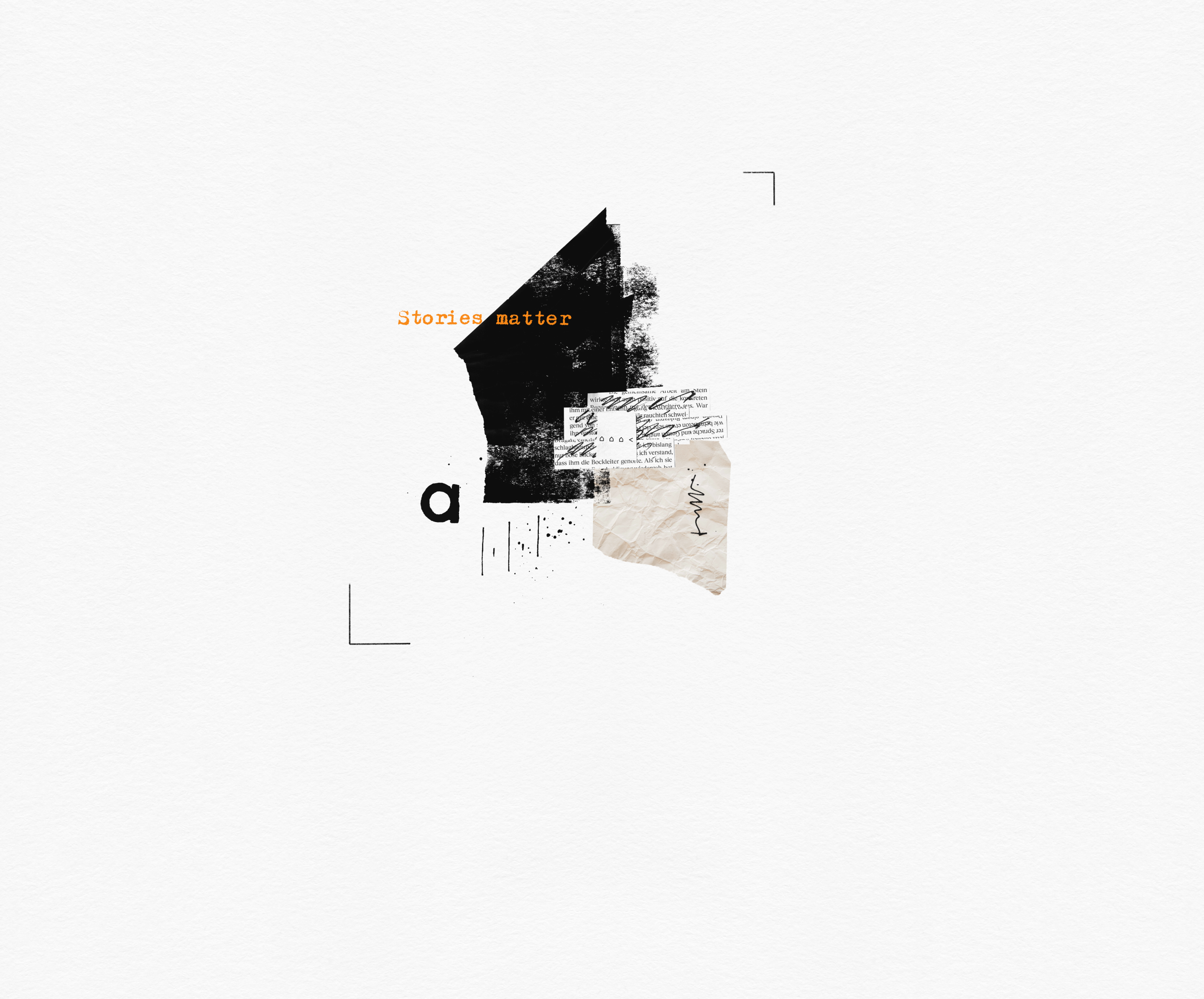 Editorial collage with black ink shapes, orange Stories matter typewriter text, and layered paper scraps