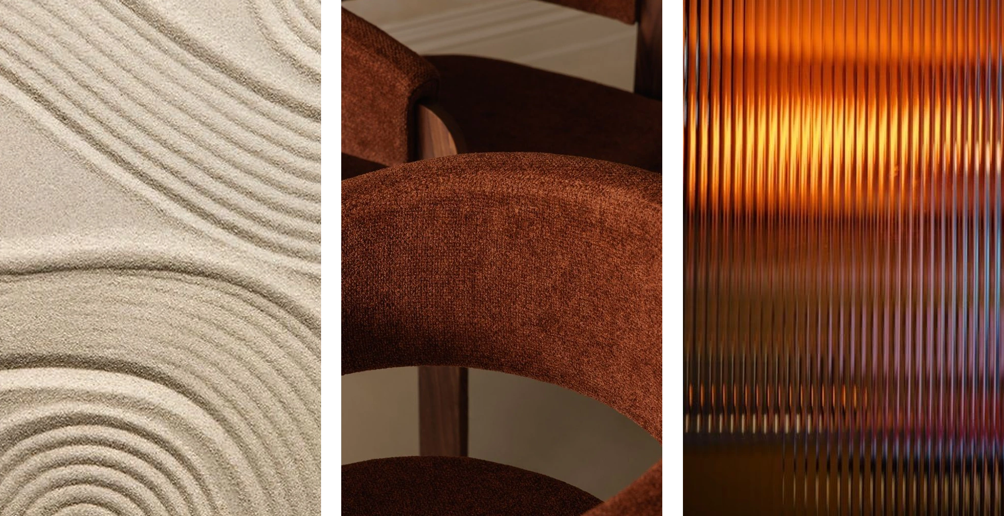 Futura House material palette: carved stone, rust-colored seating, and copper ribbed glass