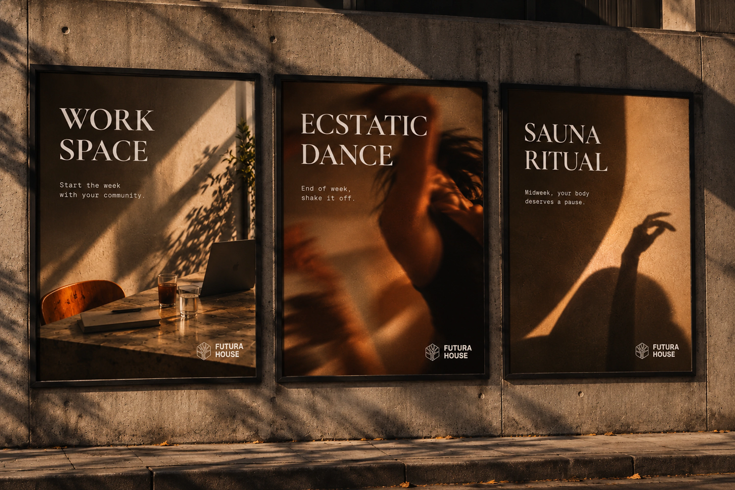 Futura House posters for Work Space, Ecstatic Dance, and Sauna Ritual