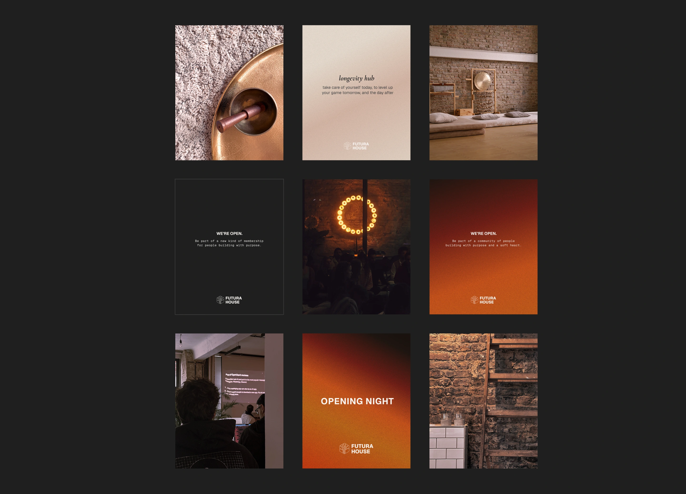 Futura House social posts for opening night, membership, and the longevity hub