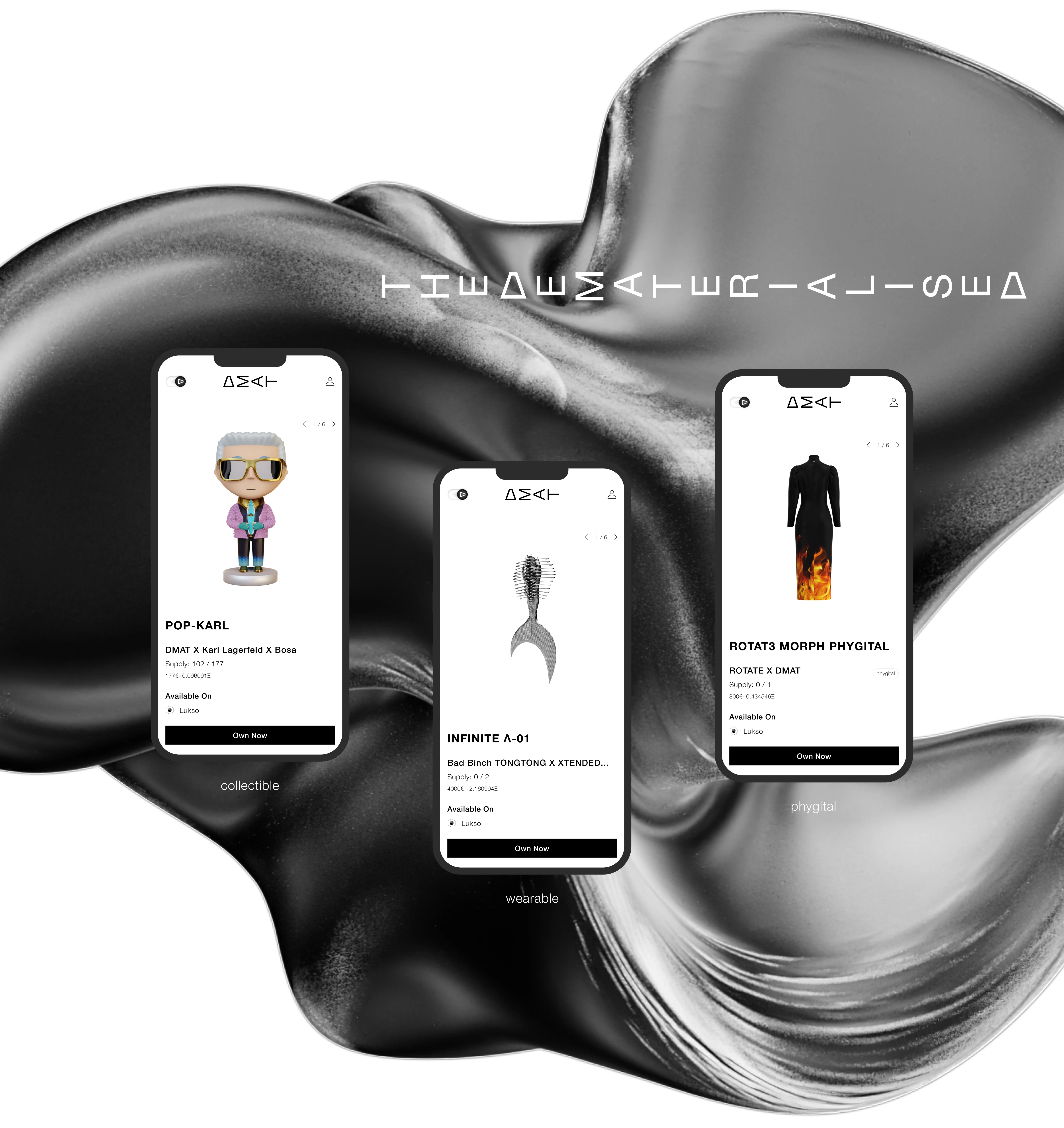 The Dematerialised mobile screens showing profile page with distortion effects and style tags