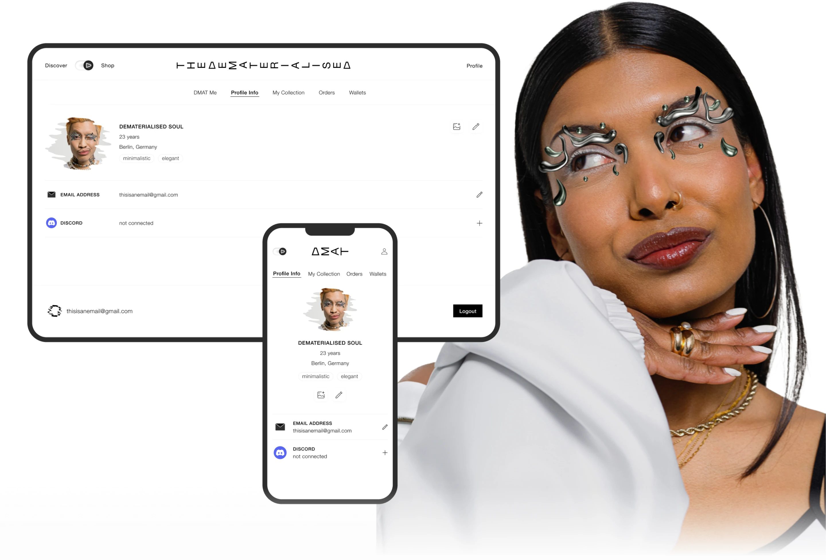 The Dematerialised shop interface featuring 3D digital fashion garments on minimalistic layout