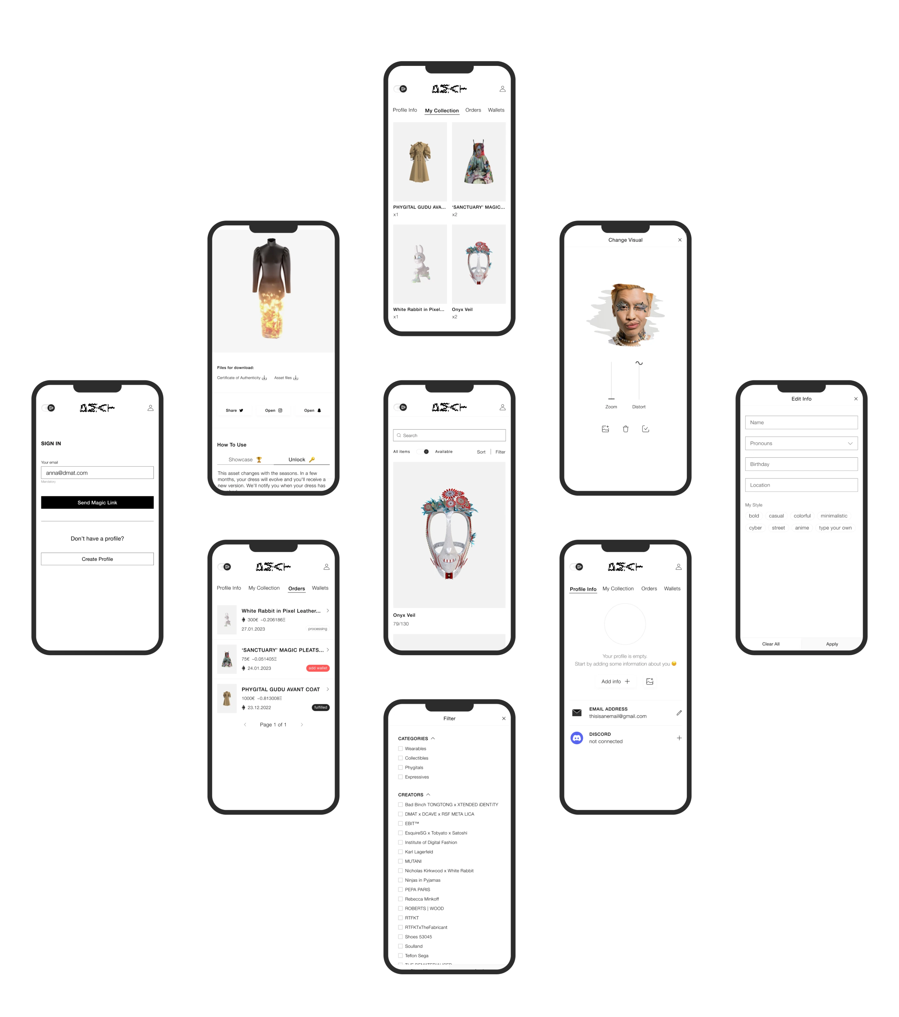 The Dematerialised app screens displaying product browsing and detail pages with clean UI