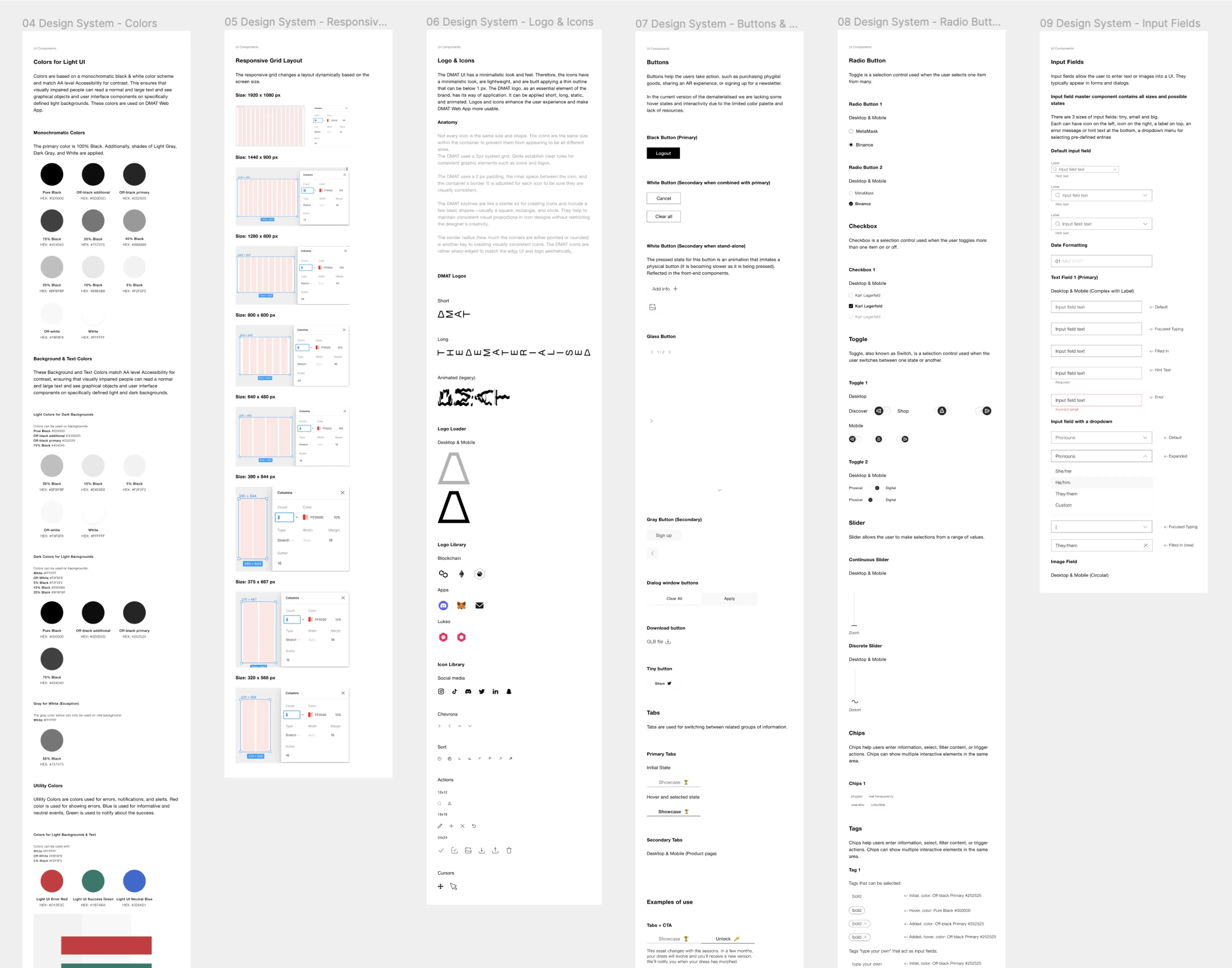 The Dematerialised comprehensive design system showing components, typography, and color palette